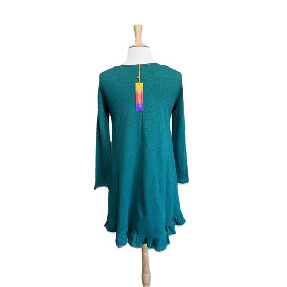 NWT Wonderland By Orange Sweatshirt Dress Teal Long Sleeve Tunic Babydoll Ruffle - Picture 4 of 6